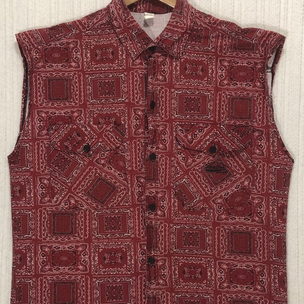 Crazee Wear Mens XL Red Bandana Paisley Sleeveless Flannel Shirt Made in USA